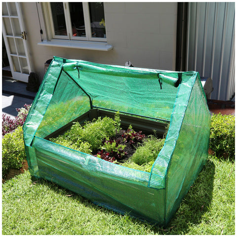 Image of Greenlife Garden Bed Eucalypt Green with Drop Over Greenhouse 120 x 90 x 30 cm
