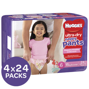 Huggies Ultra Dry Nappy Pants, Size 6, 15+ Kg, Girls, 4x24 Pack