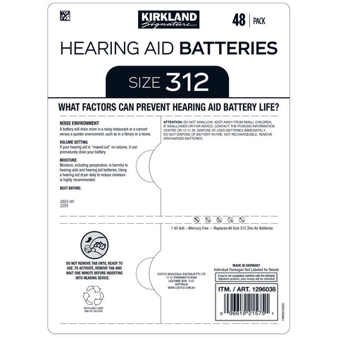Image of Kirkland Signature Hearing Aid Batteries Size 312 2 x 48 Pack