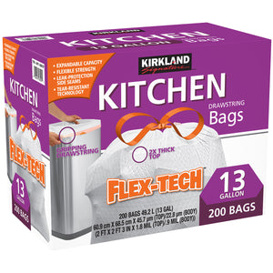 Kirkland Signature Flex Tech Kitchen Drawstring Bin Bags, 200pc, fit 49L Bin, KS13XHF200W-AU