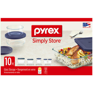 Pyrex Simply Store 10-Piece Glass Food Storage Set with Blue Lids