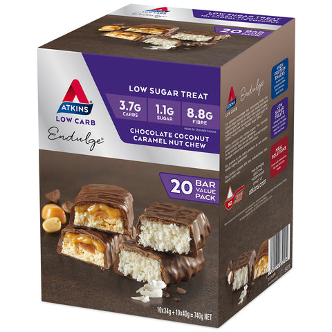 Image of 40 x Atkins Endulge Low Sugar Variety Pack Bar, 20 x 34g Chocolate Coconut & 20 x 40g Caramel Nut Chew