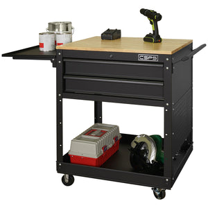 CSPS Tool Cart Rubber wood work Surface, L 68.58 x W 61.2 x H 87.7 cm, 2 Drawers, Solid Rubber Wood