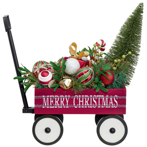 Image of Christmas Arrangement in Wagon with Lights